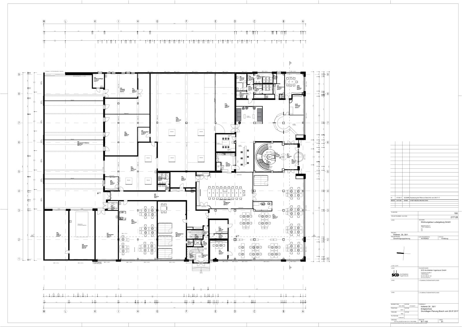 Grundriss Erdgeschoss – Empfang, Kantine, Werkstatt, Büroflächen