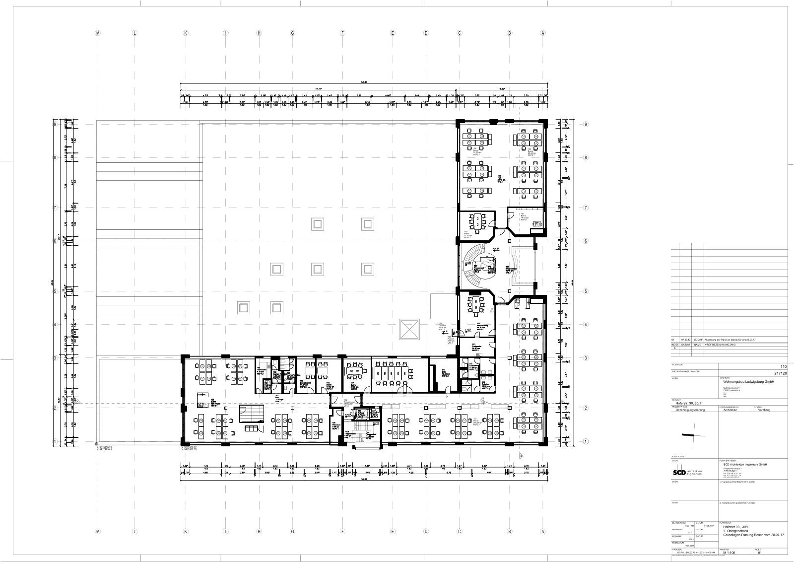 Grundriss 1. Obergeschoss – Großraumbüros und Besprechungsräume